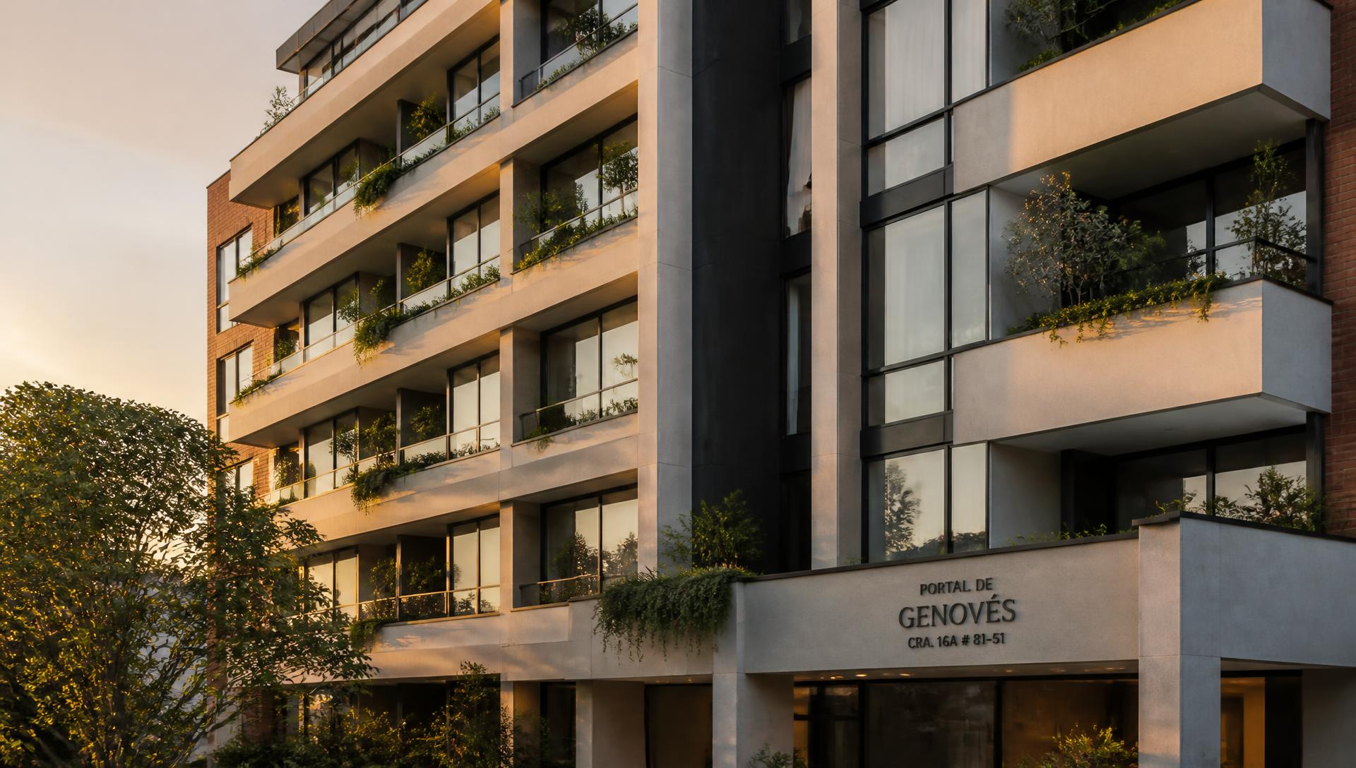 Edificio residencial contemporáneo al atardecer